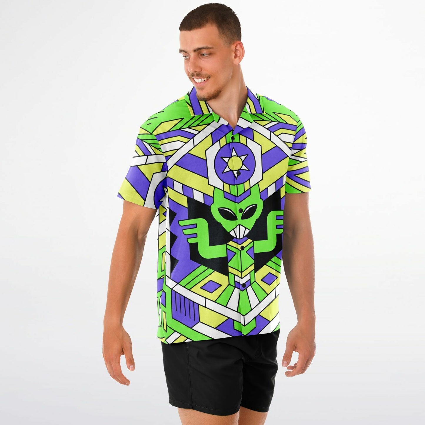 Alien pattern Spread Collar Short Sleeve Button-Down Shirt