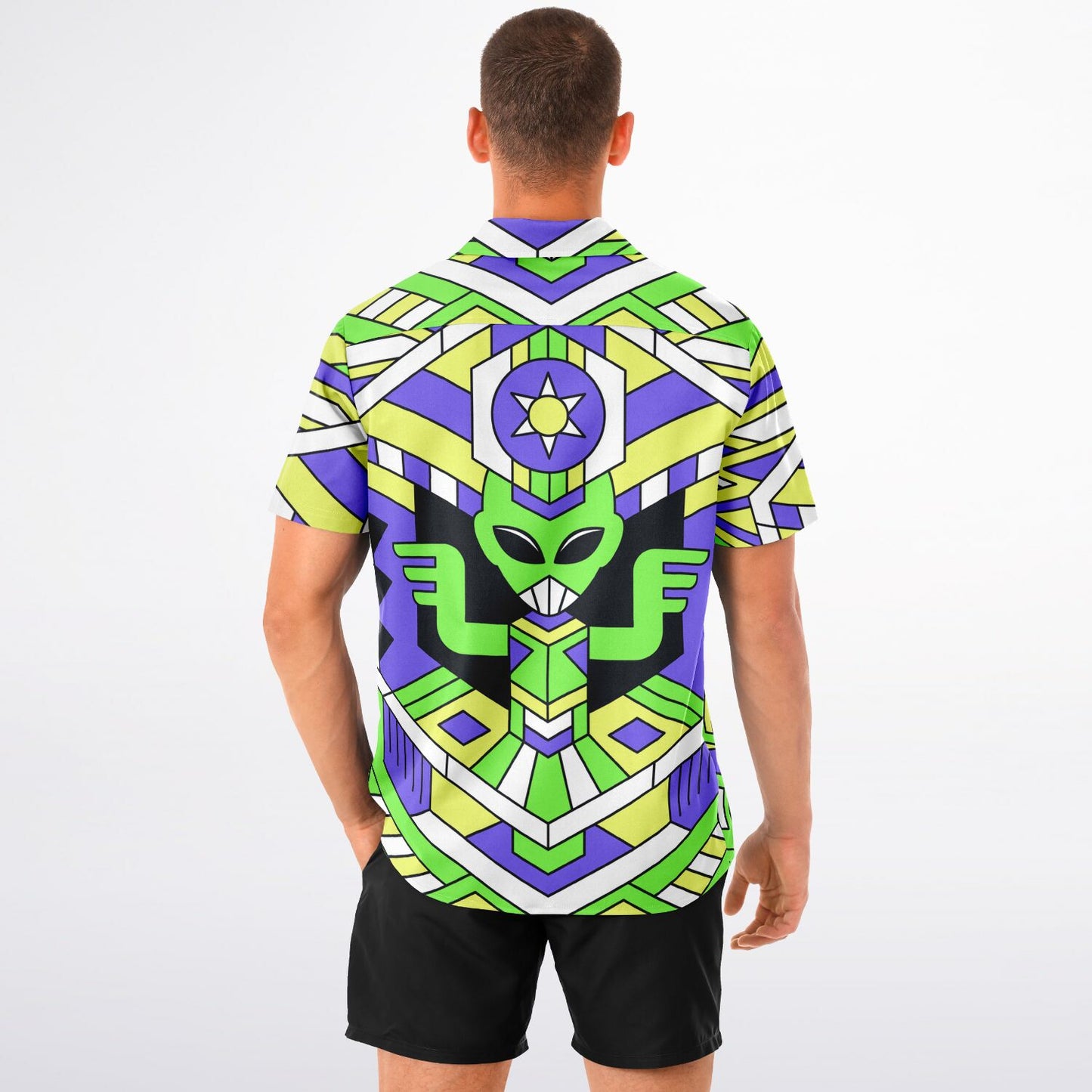 Alien pattern Spread Collar Short Sleeve Button-Down Shirt