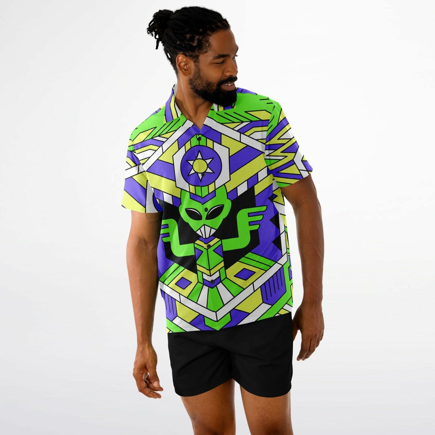 Alien pattern Spread Collar Short Sleeve Button-Down Shirt