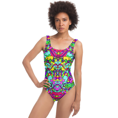 Colorful trippy doddle rave bodysuit