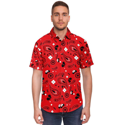 Red paisely short sleeve button down shirt