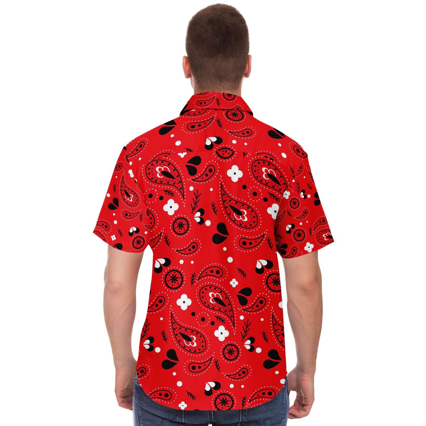 Red paisely short sleeve button down shirt
