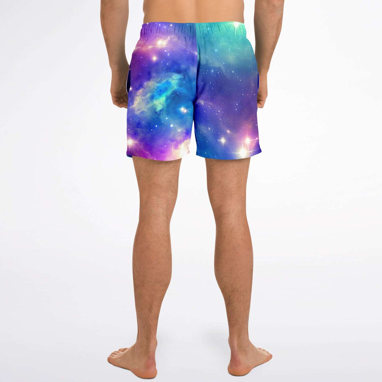Blue and purple galaxy swim trunks