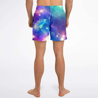 Blue and purple galaxy swim trunks
