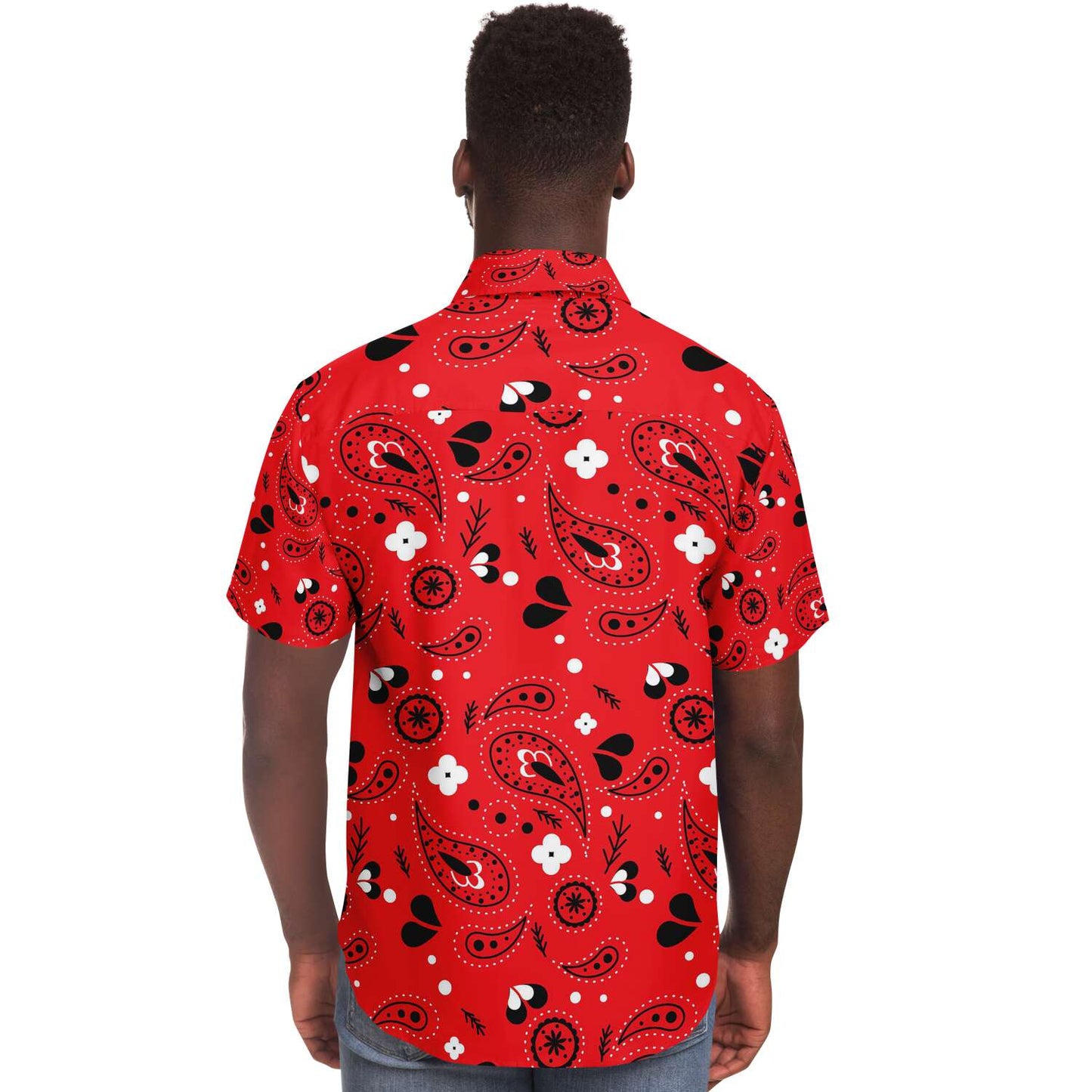 Red paisely short sleeve button down shirt
