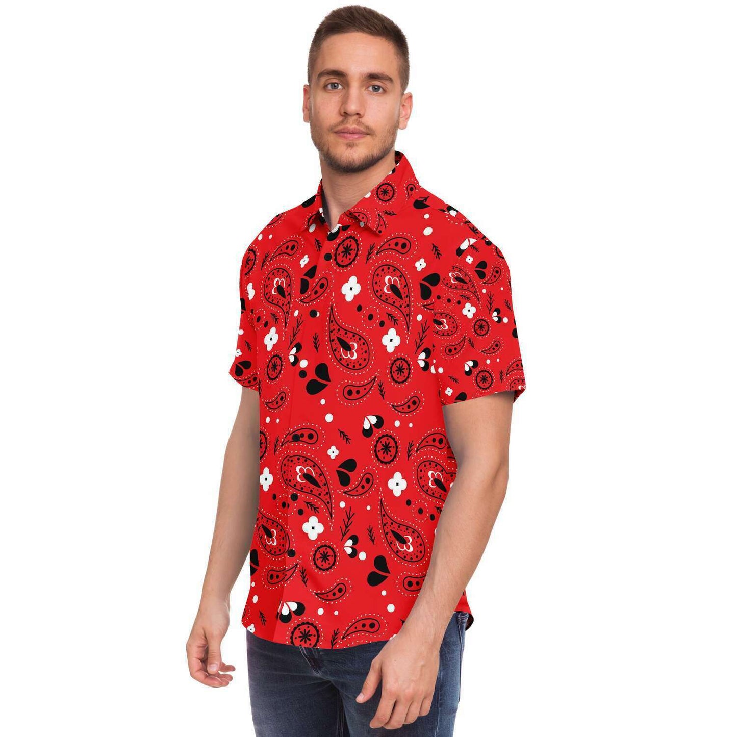 Red paisely short sleeve button down shirt
