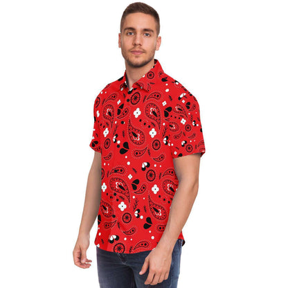Red paisely short sleeve button down shirt