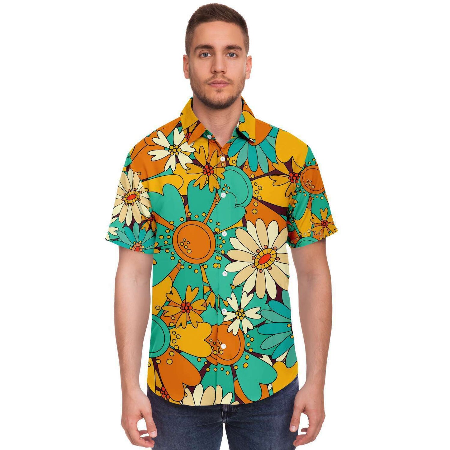 Pretty colorful sunflowers short sleeve button down shirt