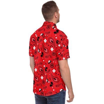 Red paisely short sleeve button down shirt