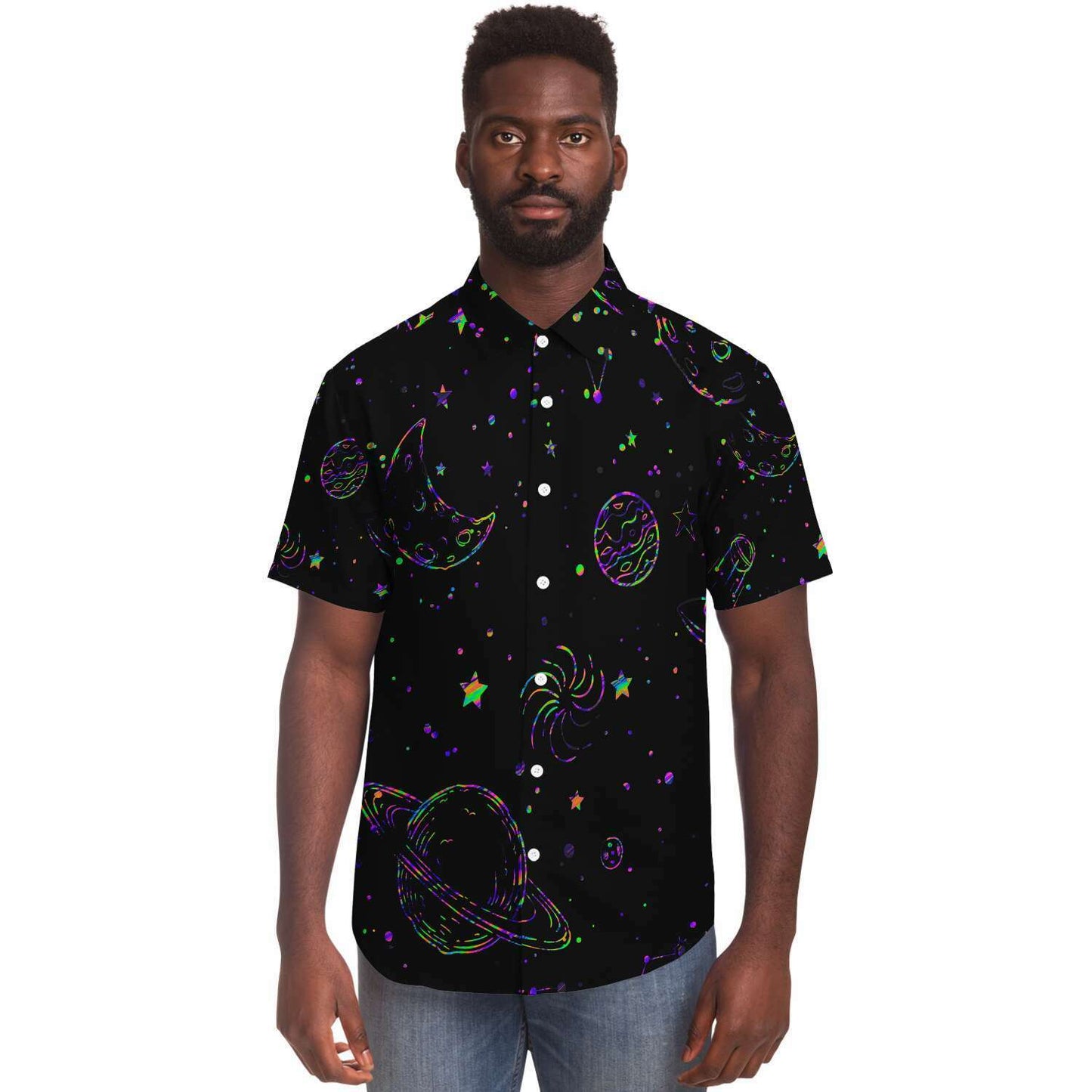 Colorful galaxy stars short sleeve button down shirt
