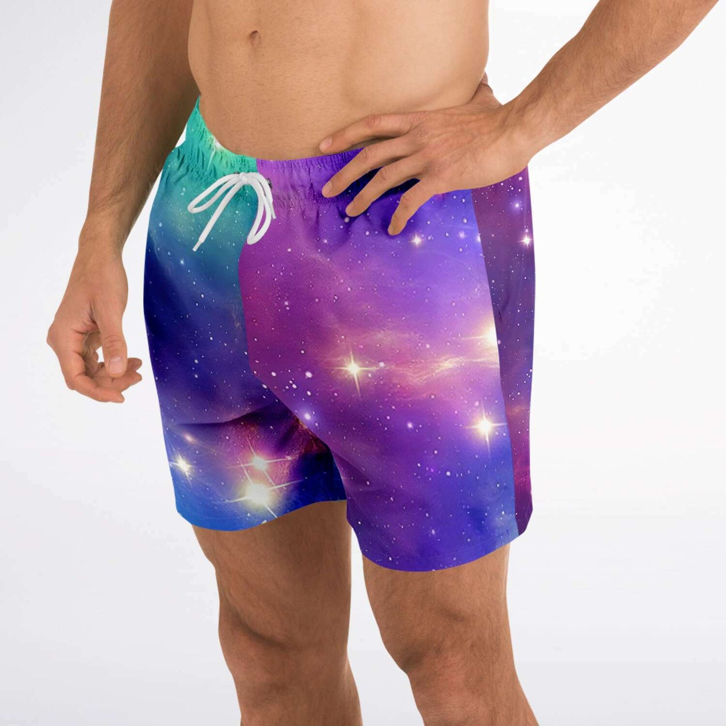 Blue and purple galaxy swim trunks