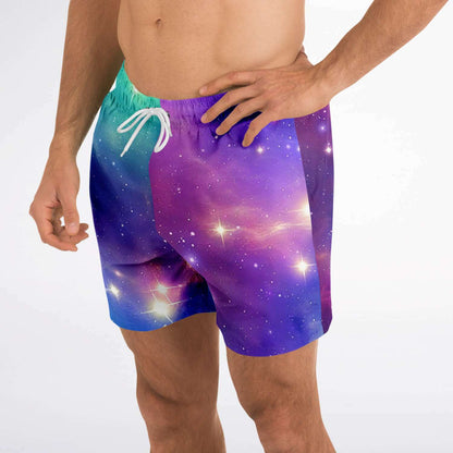 Blue and purple galaxy swim trunks