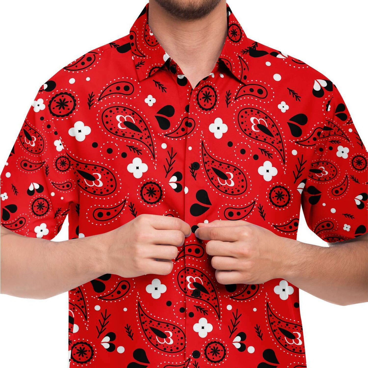 Red paisely short sleeve button down shirt