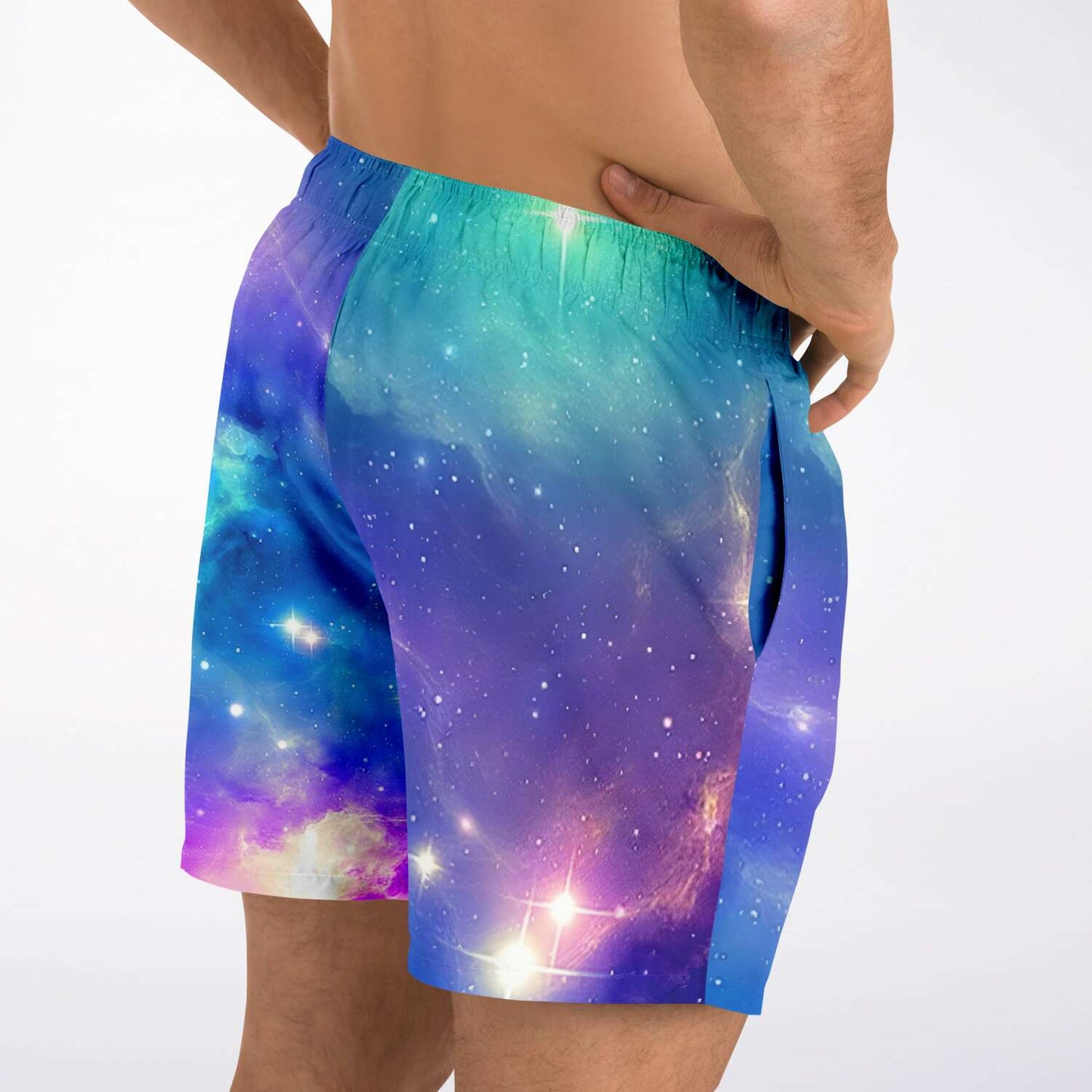 Blue and purple galaxy swim trunks