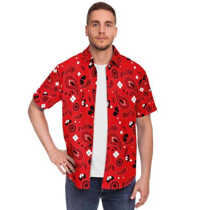 Red paisely short sleeve button down shirt