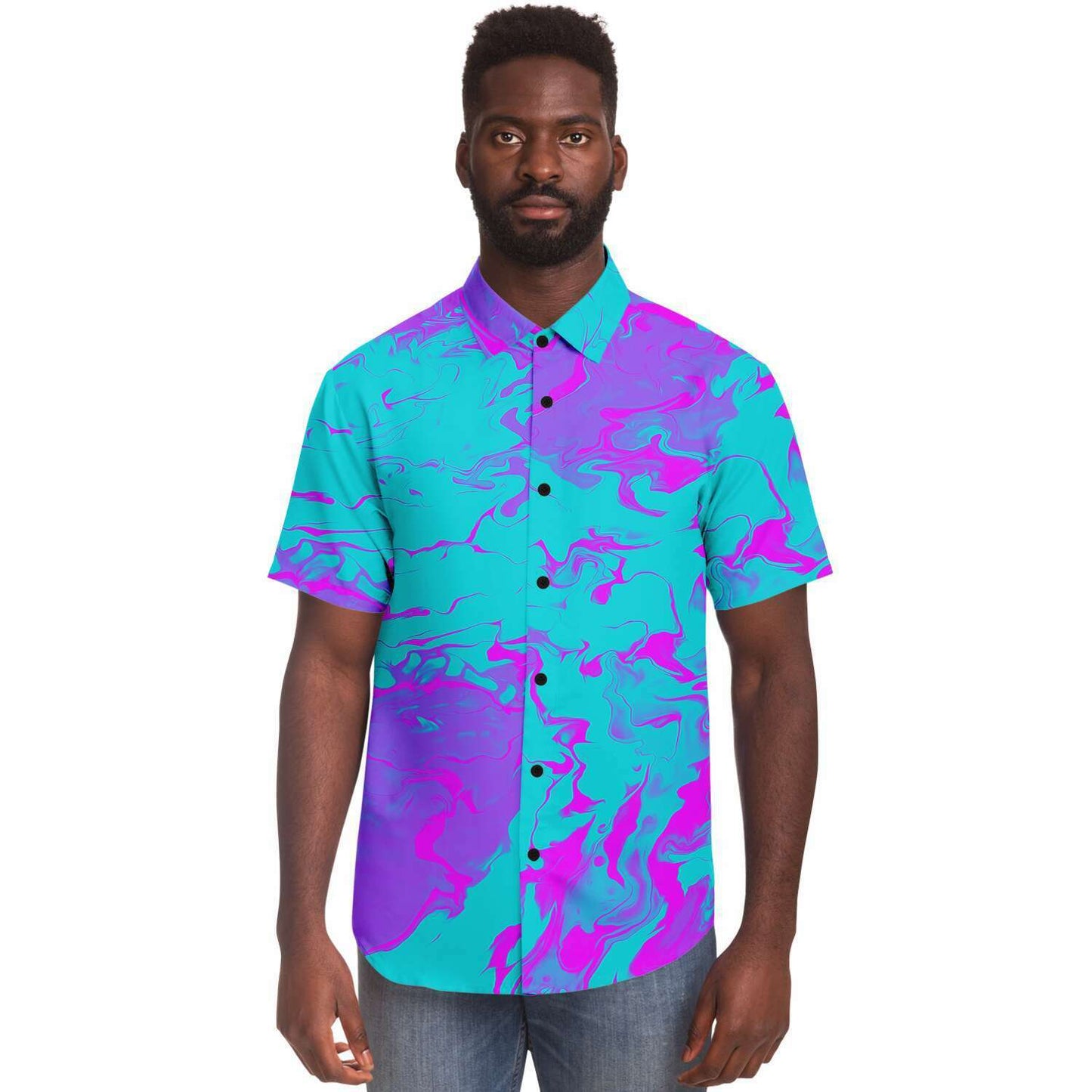 Purple blue trippy short sleeve button down shirt