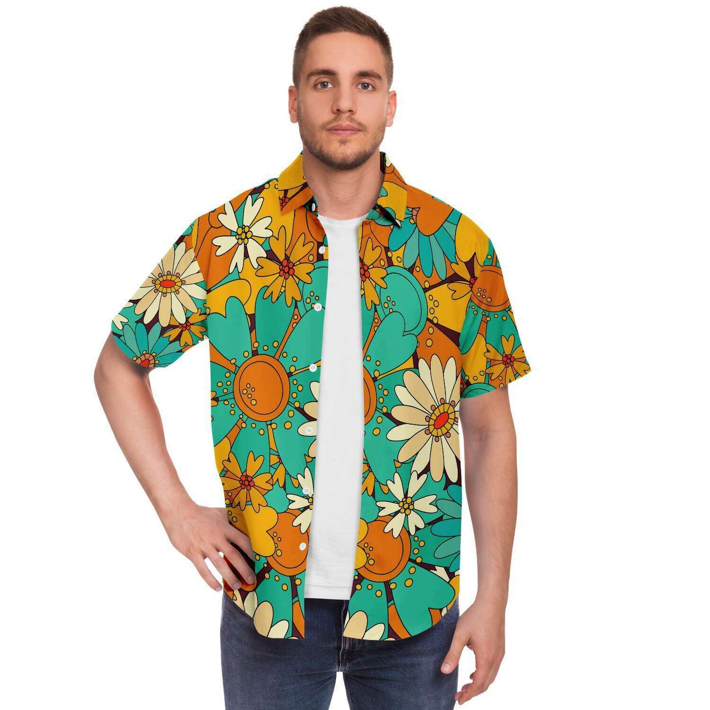 Pretty colorful sunflowers short sleeve button down shirt