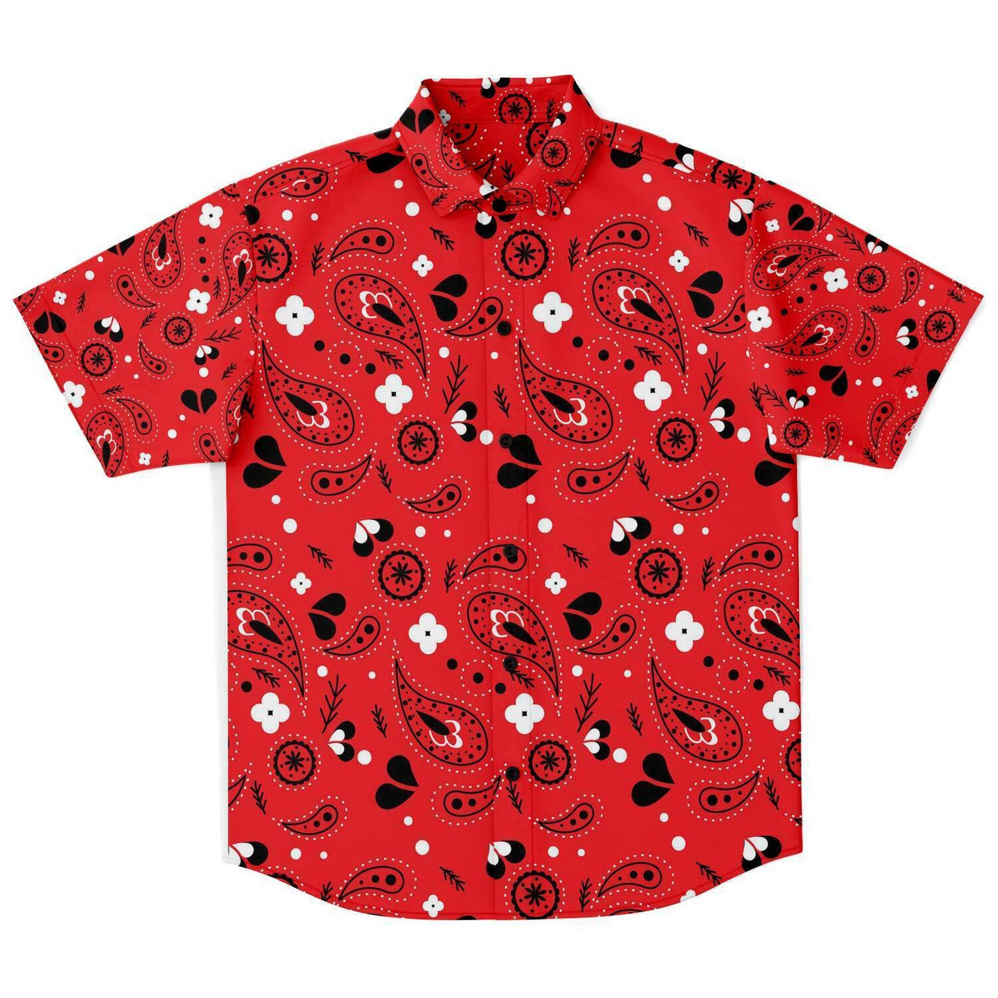 Red paisely short sleeve button down shirt