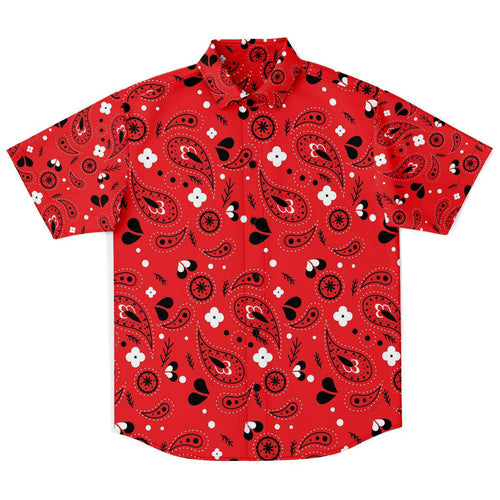 Red paisely short sleeve button down shirt