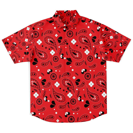 Red paisely short sleeve button down shirt