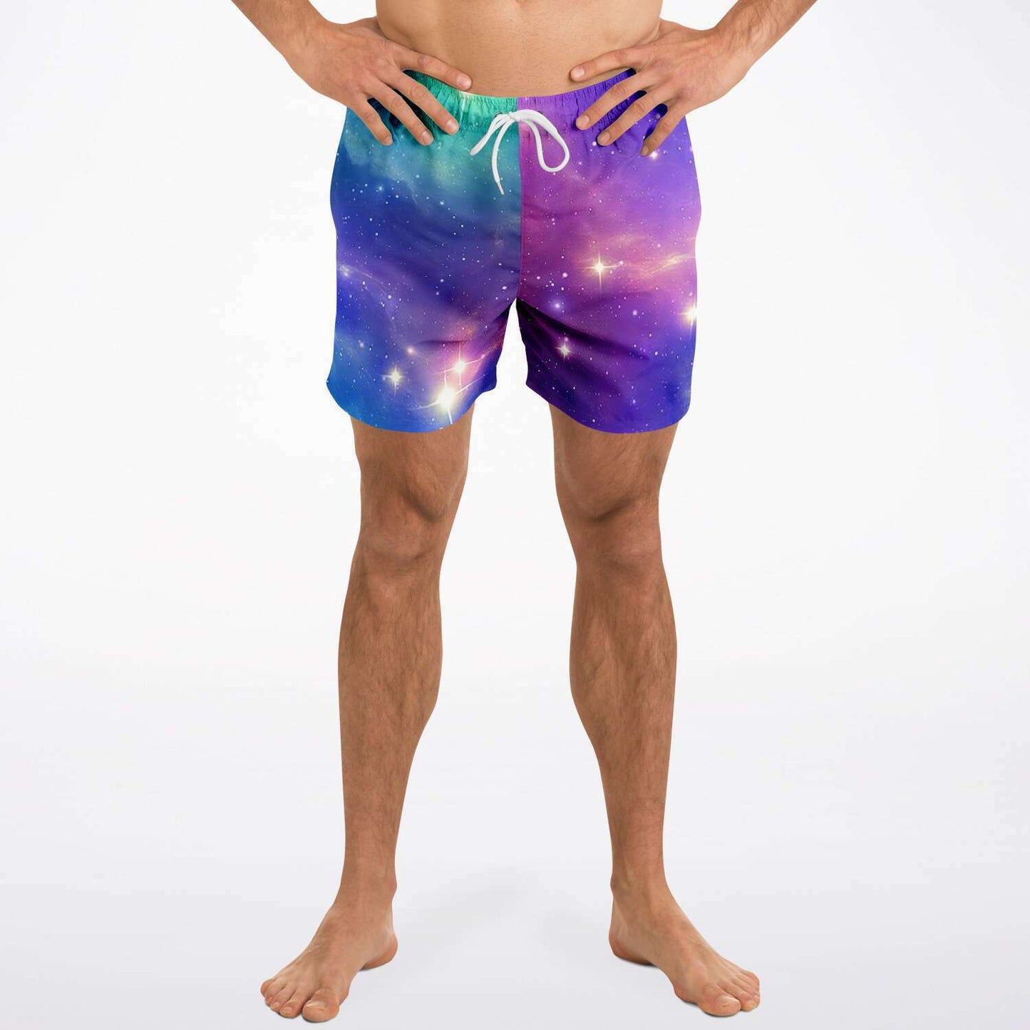 Blue and purple galaxy swim trunks