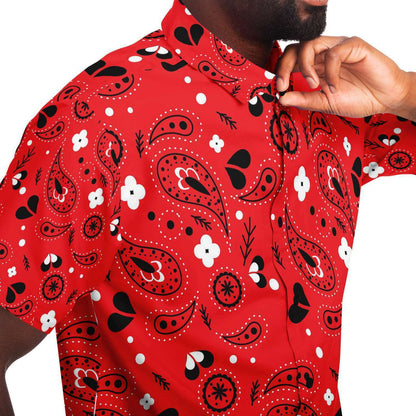 Red paisely short sleeve button down shirt