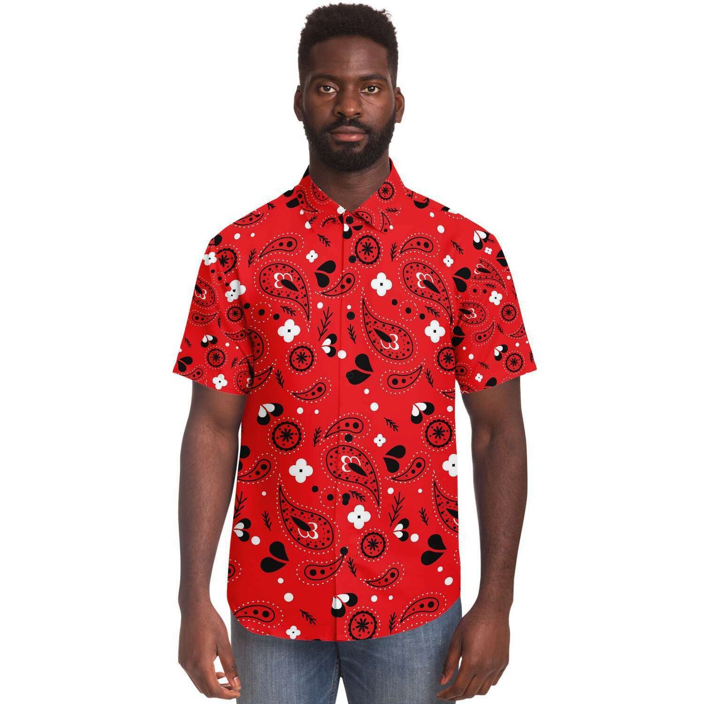 Red paisely short sleeve button down shirt