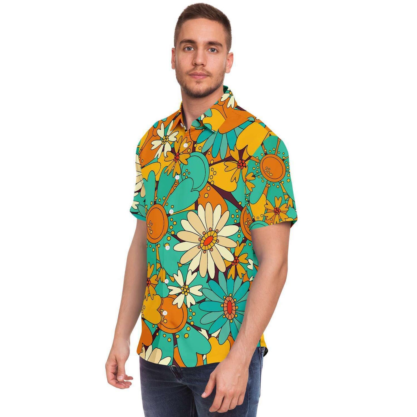Pretty colorful sunflowers short sleeve button down shirt