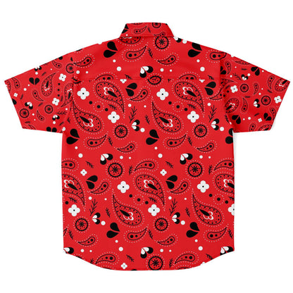 Red paisely short sleeve button down shirt