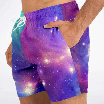 Blue and purple galaxy swim trunks