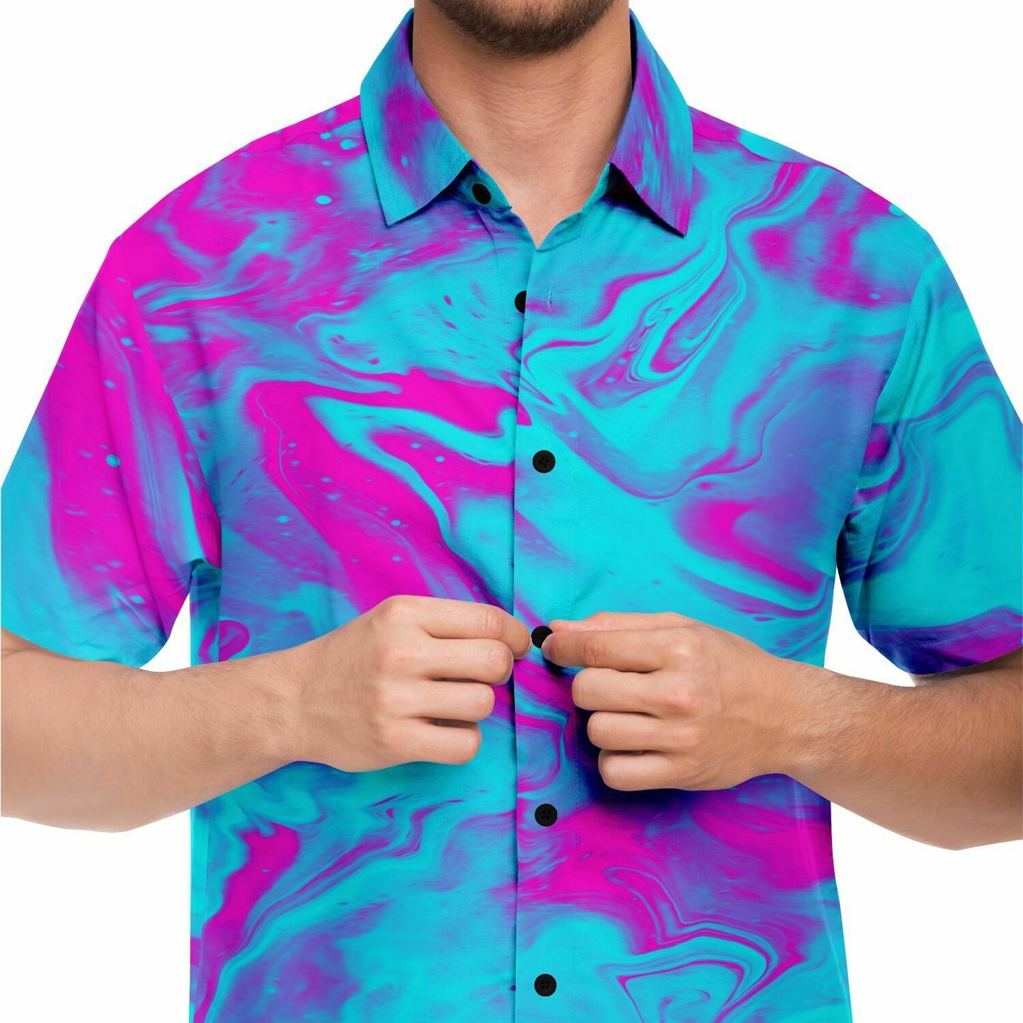 Purple blue trippy short sleeve button down shirt